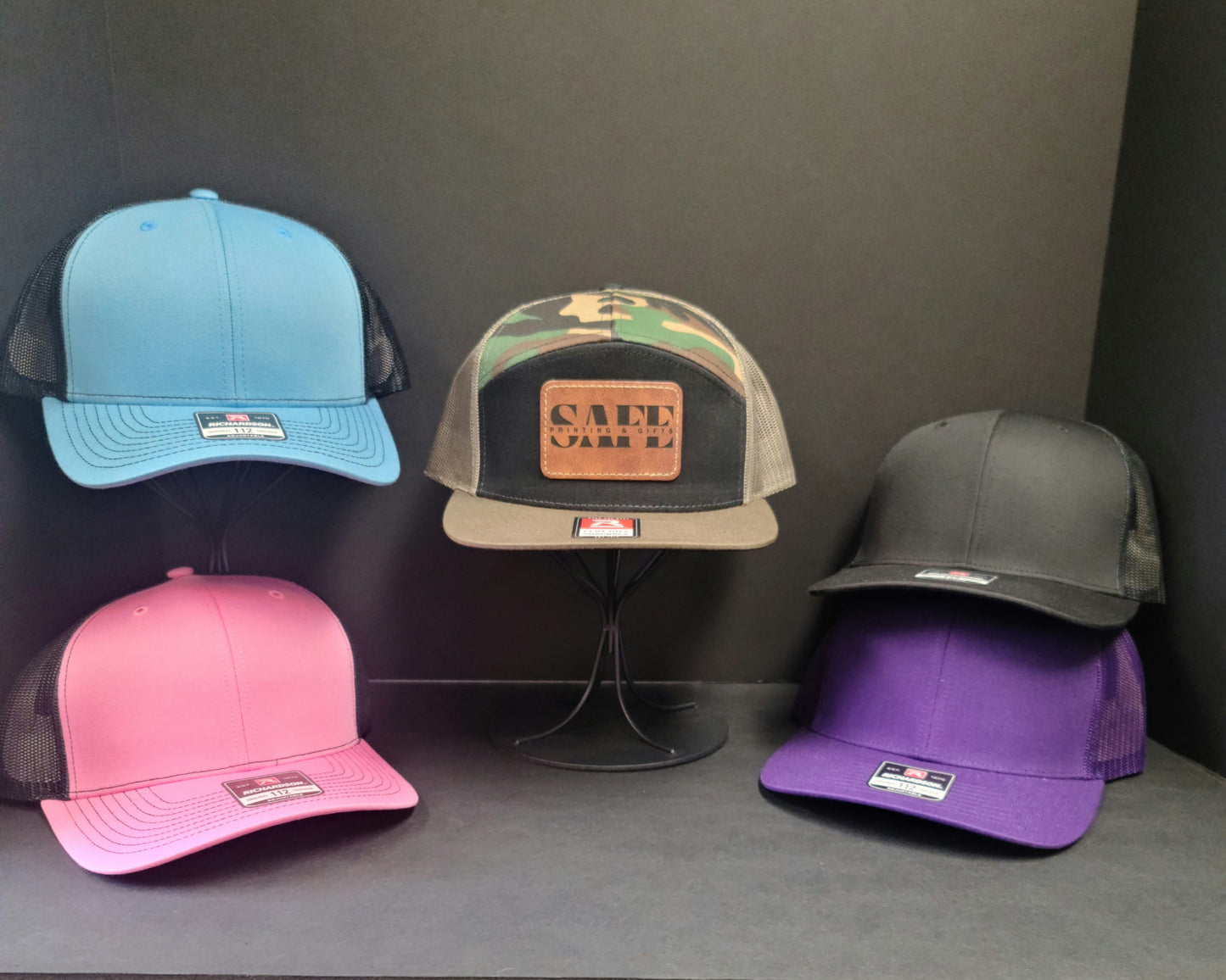 Hats with Leather look alike Engraved Patches