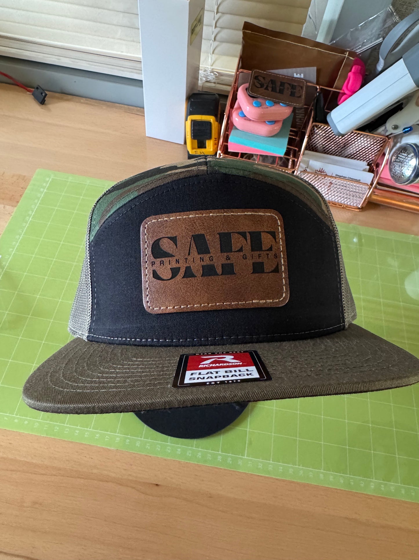 Hats with Leather look alike Engraved Patches